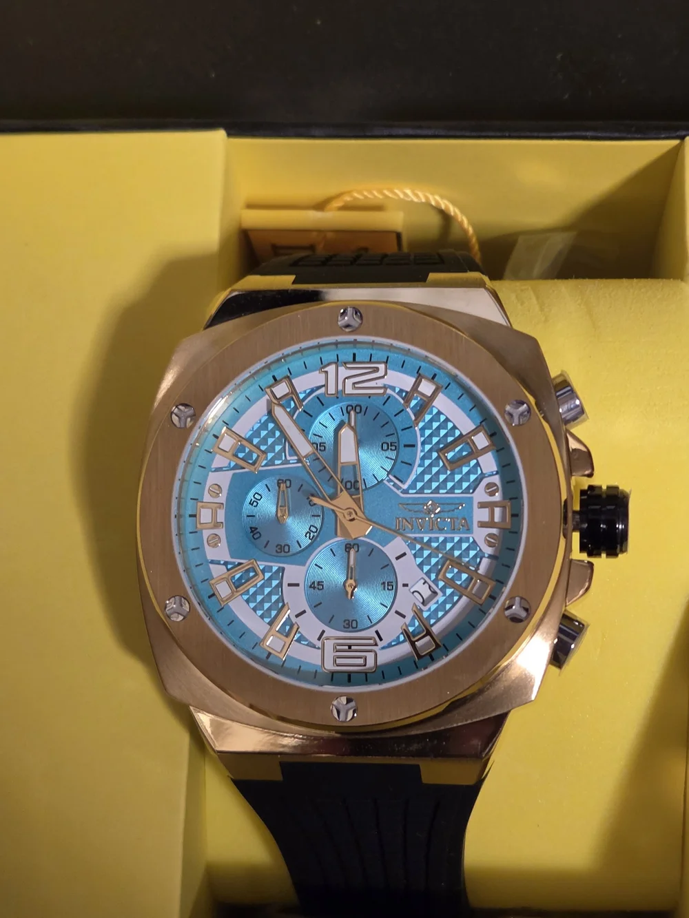 Invicta Gold-Tone Chronograph Watch with Turquoise Dial and Black Strap